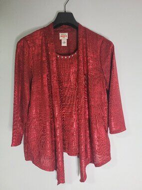 Ruby Rd. Favorites Petite Women's Red Shimmer Top & Cardigan Set